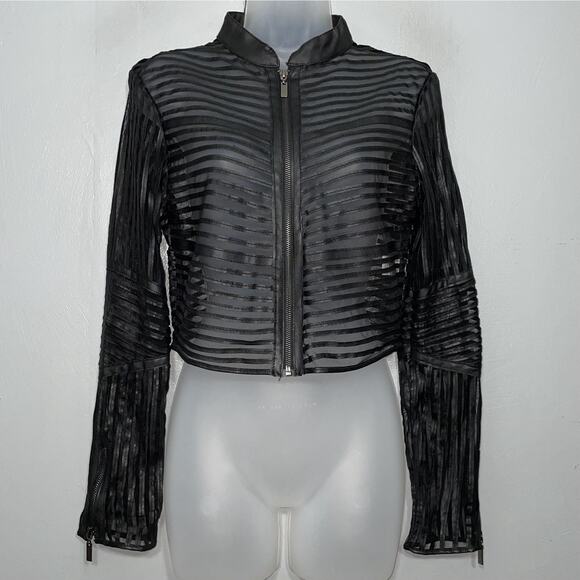 Cyber Goth Juniors Size Medium Black Faux Leather Mesh Sheer Cropped Jacket Punk - Picture 1 of 12
